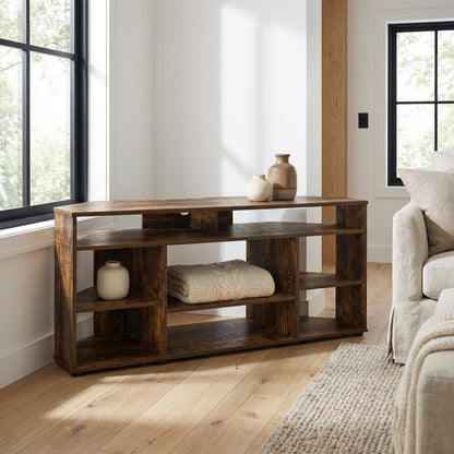 Gold Corner TV Stand for Up to 55-Inch Screens, Rubberwood & Walnut Veneers
