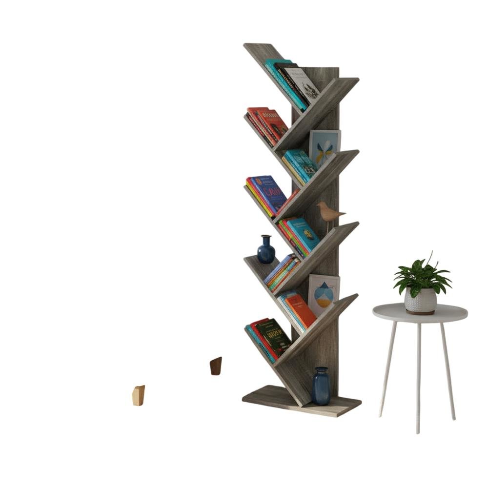 Wooden 9-Tier Bookcase with French Oak Finish for Living Room Storage