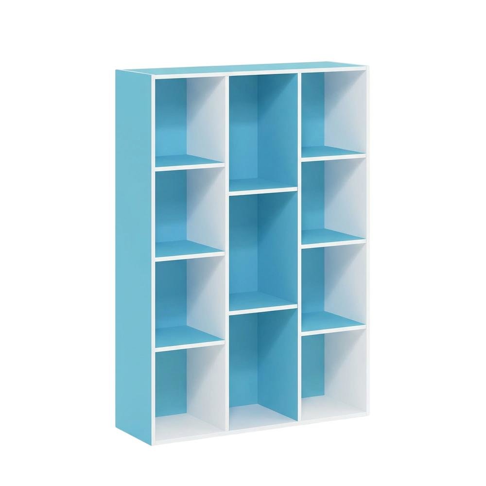 Reversible Open Shelf Bookcase in White and Light Blue with Wood Construction