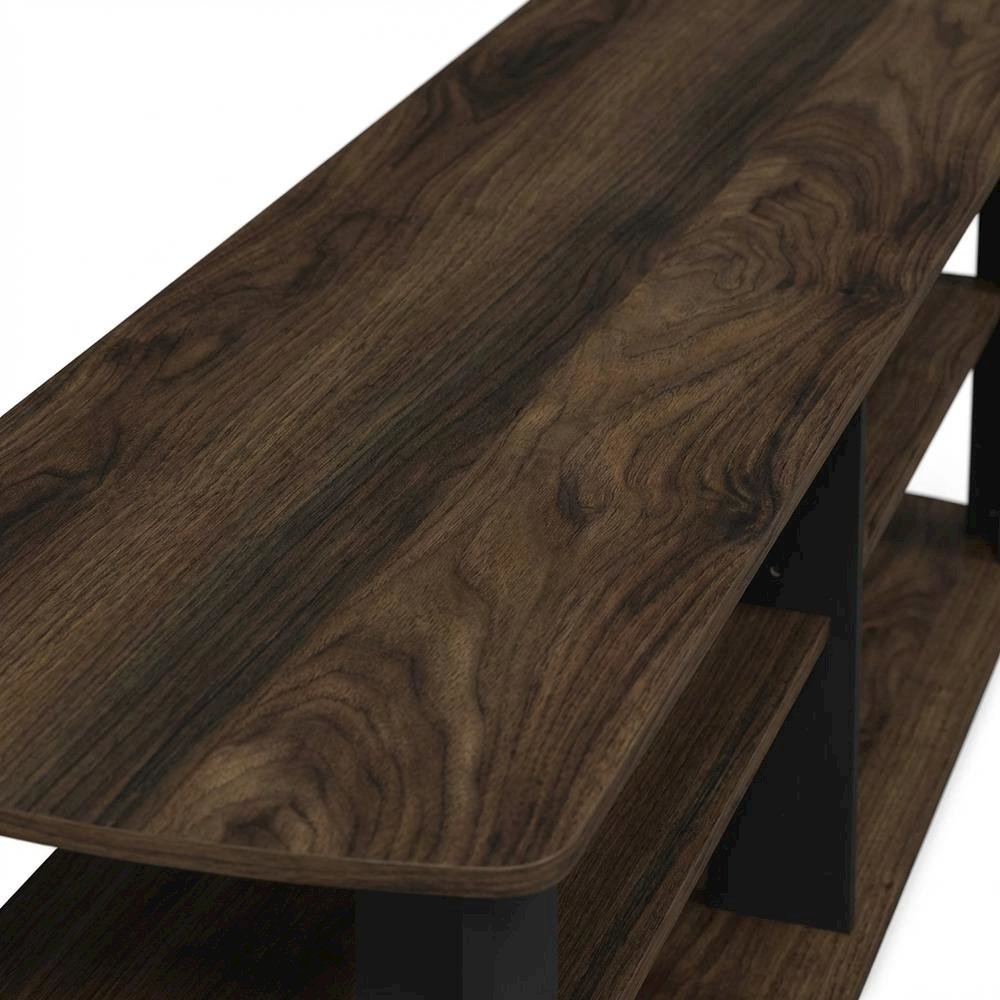 Walnut and black entertainment center with composite wood finish for TV storage
