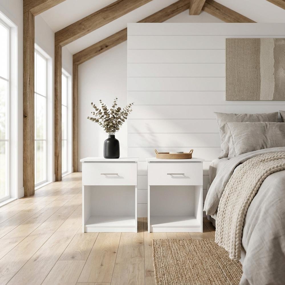 Solid White Nightstand Set, Handle, Drawer, Contemporary Bedroom Furniture