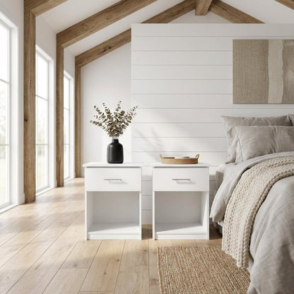 Solid White Nightstand Set, Handle, Drawer, Contemporary Bedroom Furniture