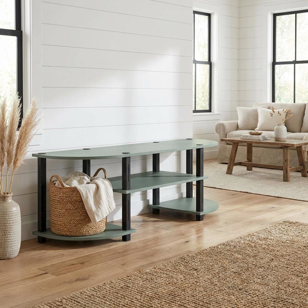 Sage Green TV Stand, 55-Inch Flat Screen, Open Shelves, Rounded Corners