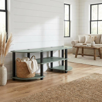 Sage Green TV Stand, 55-Inch Flat Screen, Open Shelves, Rounded Corners