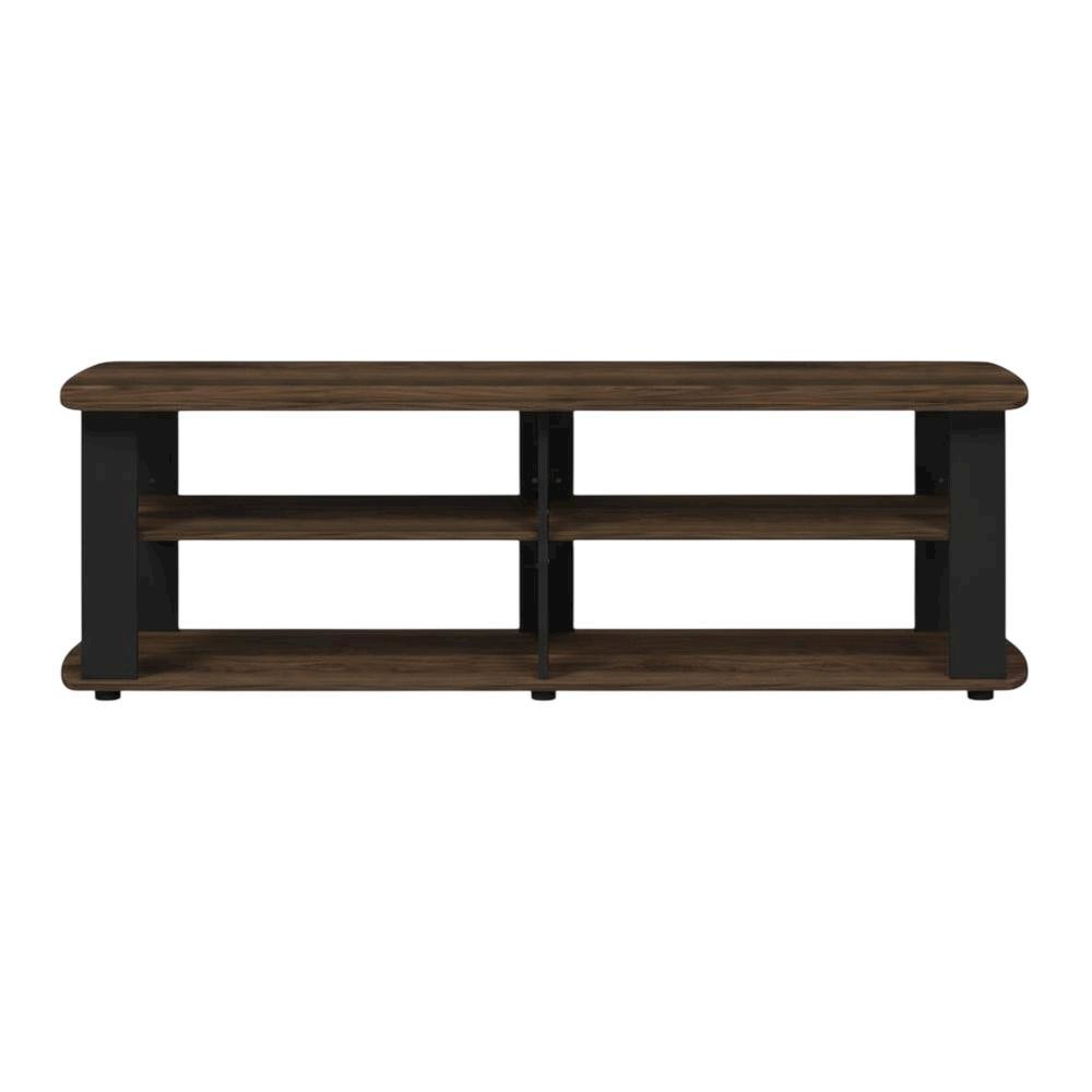Walnut and black entertainment center with composite wood finish for TV storage