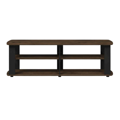 Walnut and black entertainment center with composite wood finish for TV storage