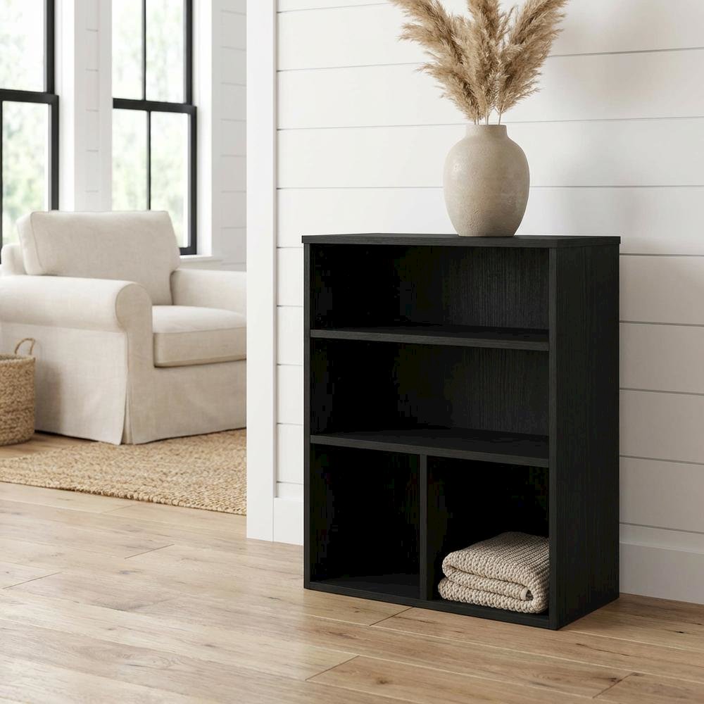 Black 3-Tier Display Bookcase with Wooden Shelves for Living Room or Office
