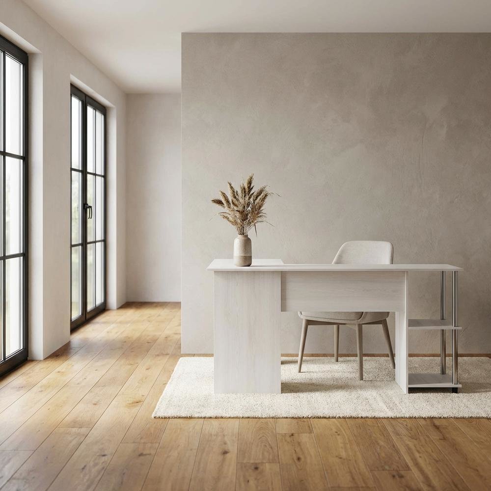 L-Shape Desk, Stainless Steel Tubes And White Oak Finish For Modern Workspaces