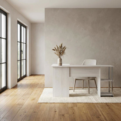 L-Shape Desk, Stainless Steel Tubes And White Oak Finish For Modern Workspaces
