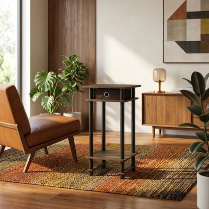 Tall end table with storage bin in dark walnut and black finish, set of 2