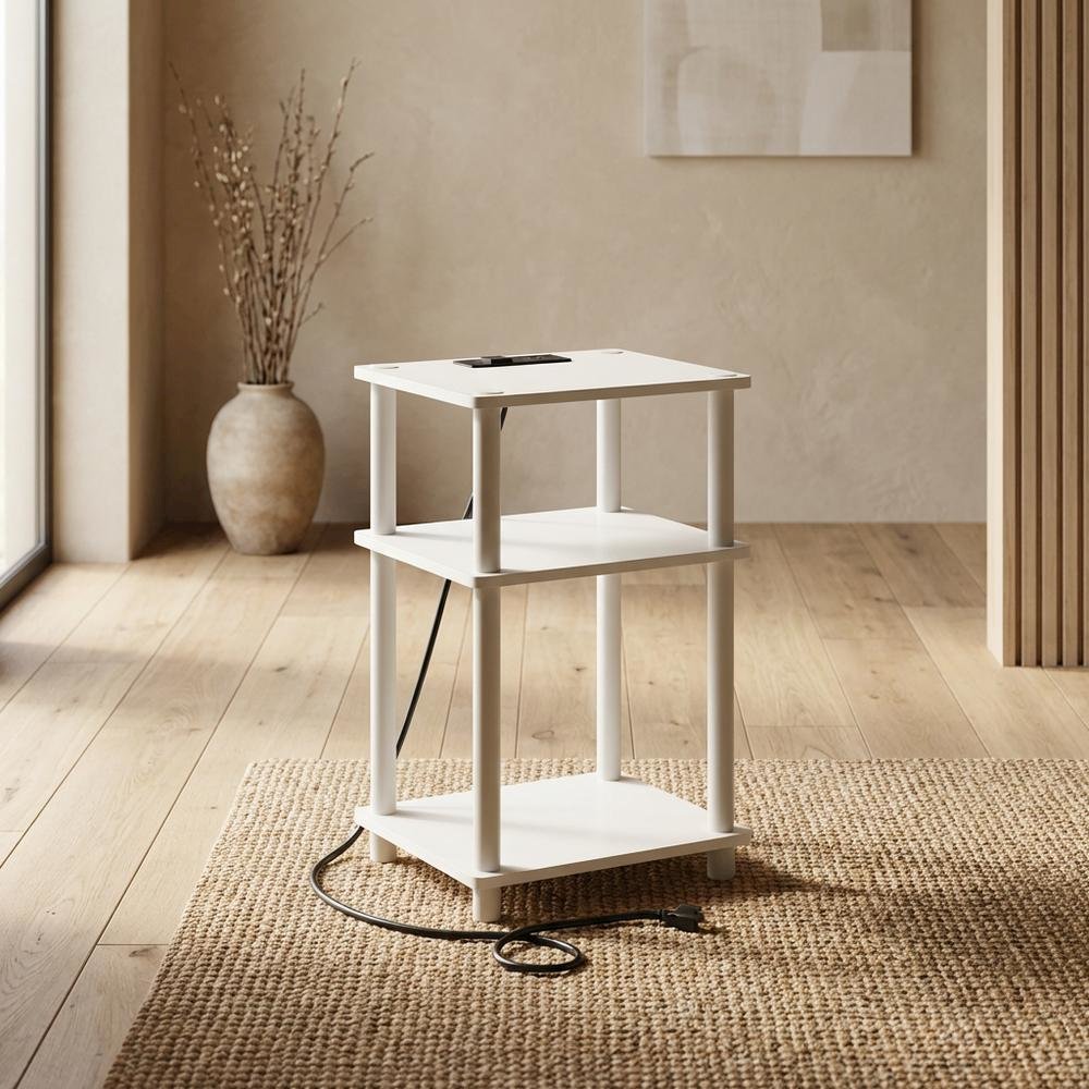 White, Storage Side Table, Open Shelf, USB Charging