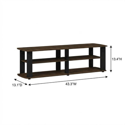 Walnut and black entertainment center with composite wood finish for TV storage