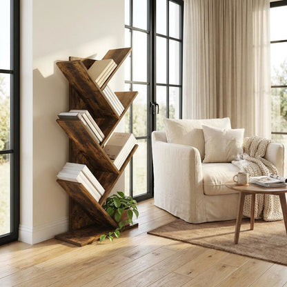 Wood Bookcase in Classic Brown Finish with Sturdy Shelving and Compact Design