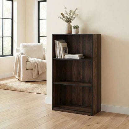 Wood 3-Tier Bookcase with Storage Shelves in Walnut and Black Finish