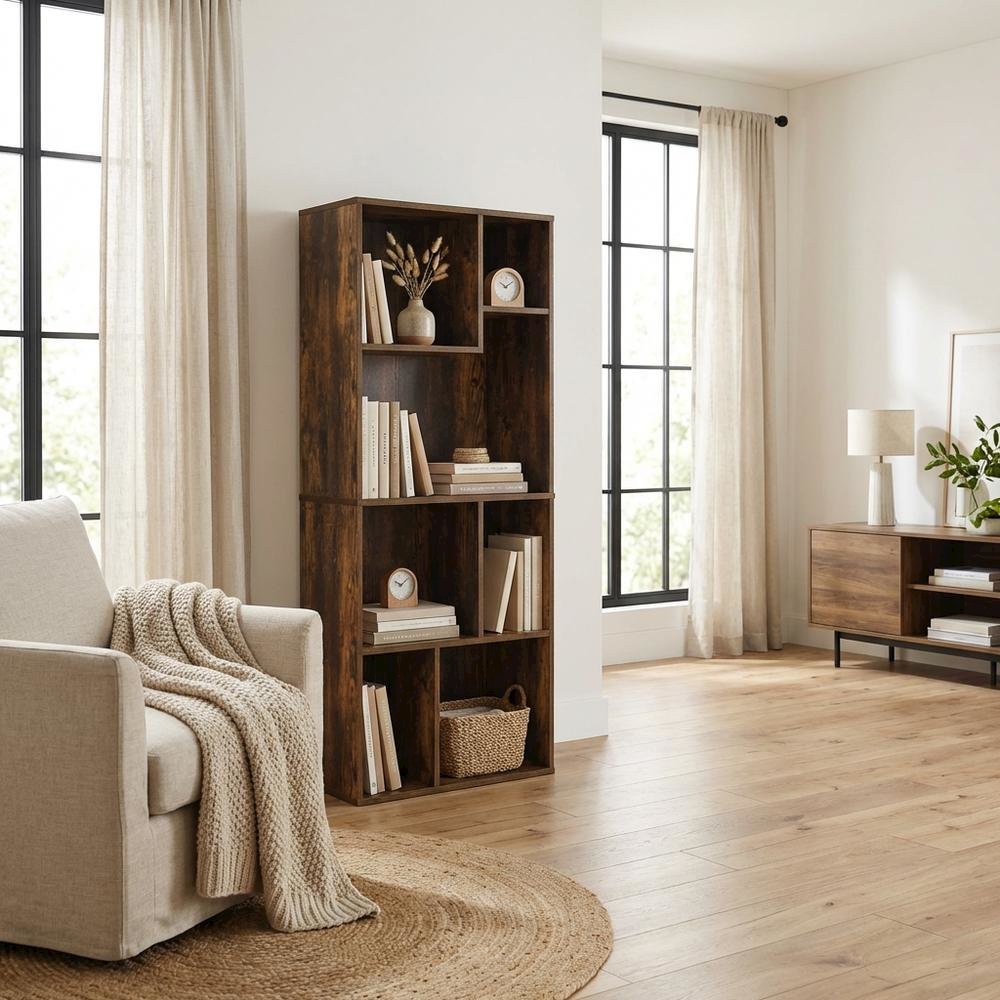 Amber Pine 7-Cube Irregular Bookcase with Storage Organizer and Modern Design