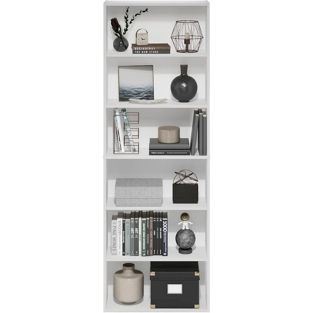 White Wooden Book Shelf with Six Tiers of Wooden Shelves for Home Storage