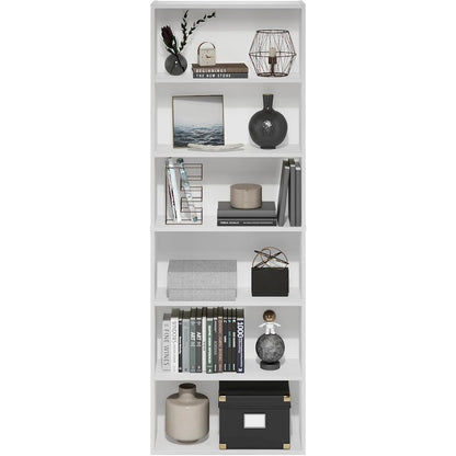 White Wooden Book Shelf with Six Tiers of Wooden Shelves for Home Storage
