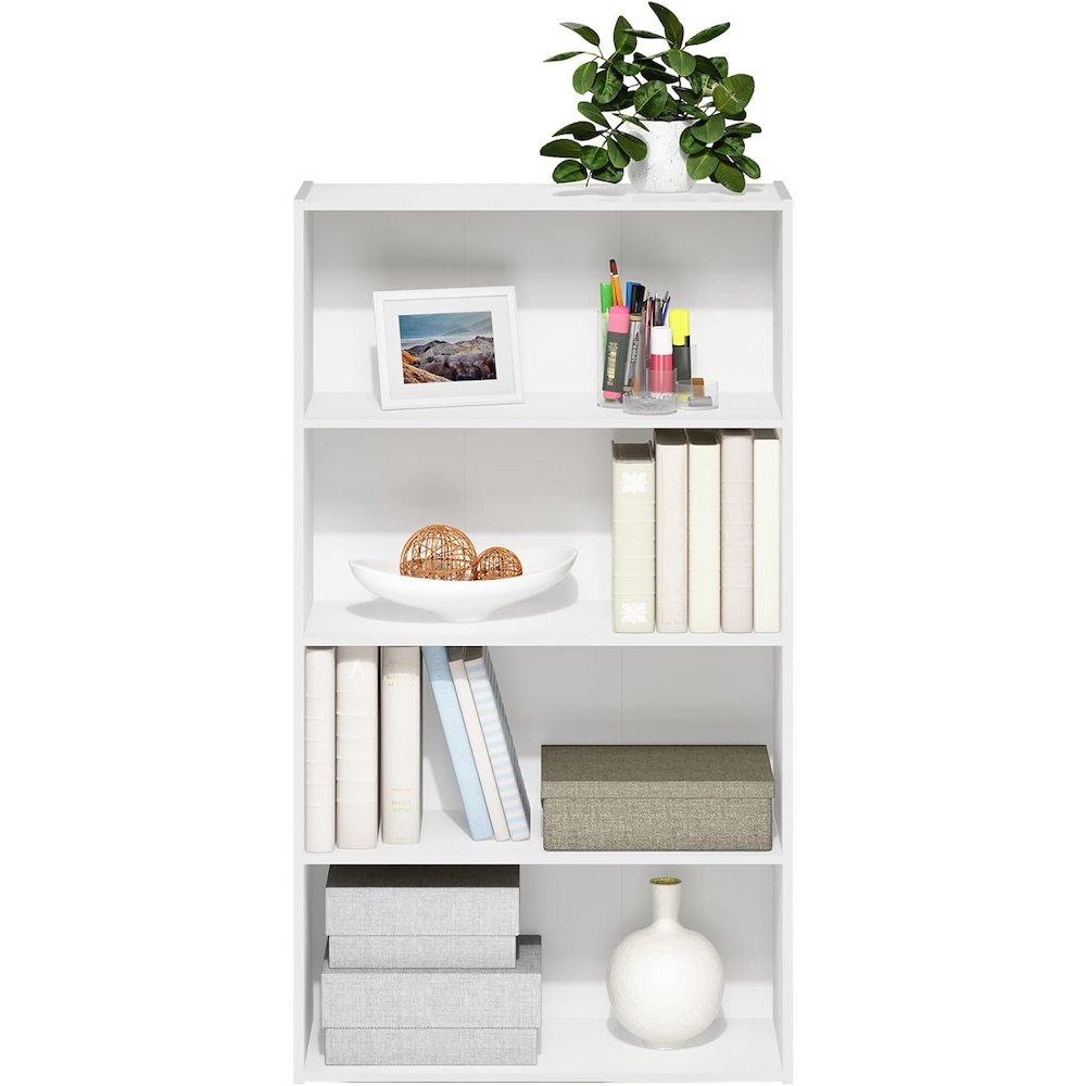 White Wooden Book Shelf with Four Open Wooden Shelves for Modern Interiors