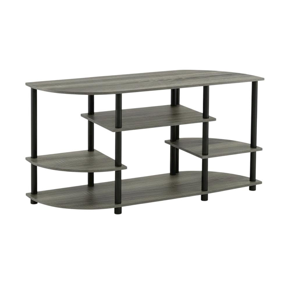 Corner TV stand in French Oak Grey/Black, durable composite wood, plastic
