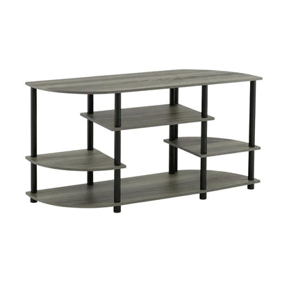 Corner TV stand in French Oak Grey/Black, durable composite wood, plastic