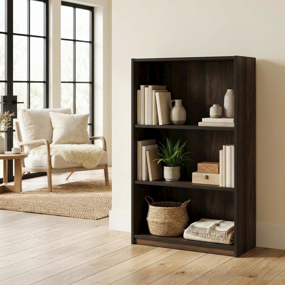 Wooden 3-Tier Adjustable Shelf Bookcase in Walnut Finish with Ample Storage