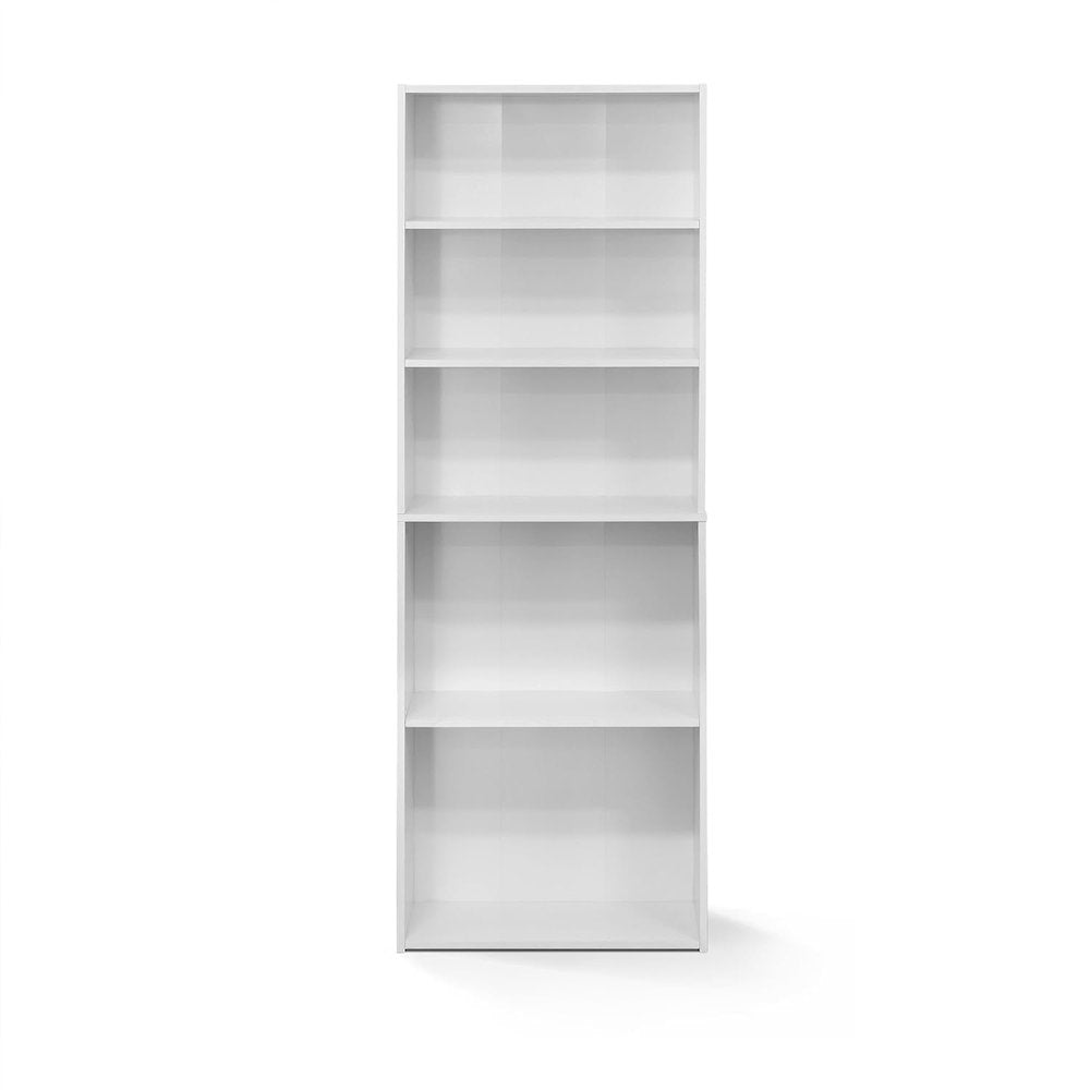 White Wooden Book Shelf with Five Tiers of Wooden Shelves for Home Storage