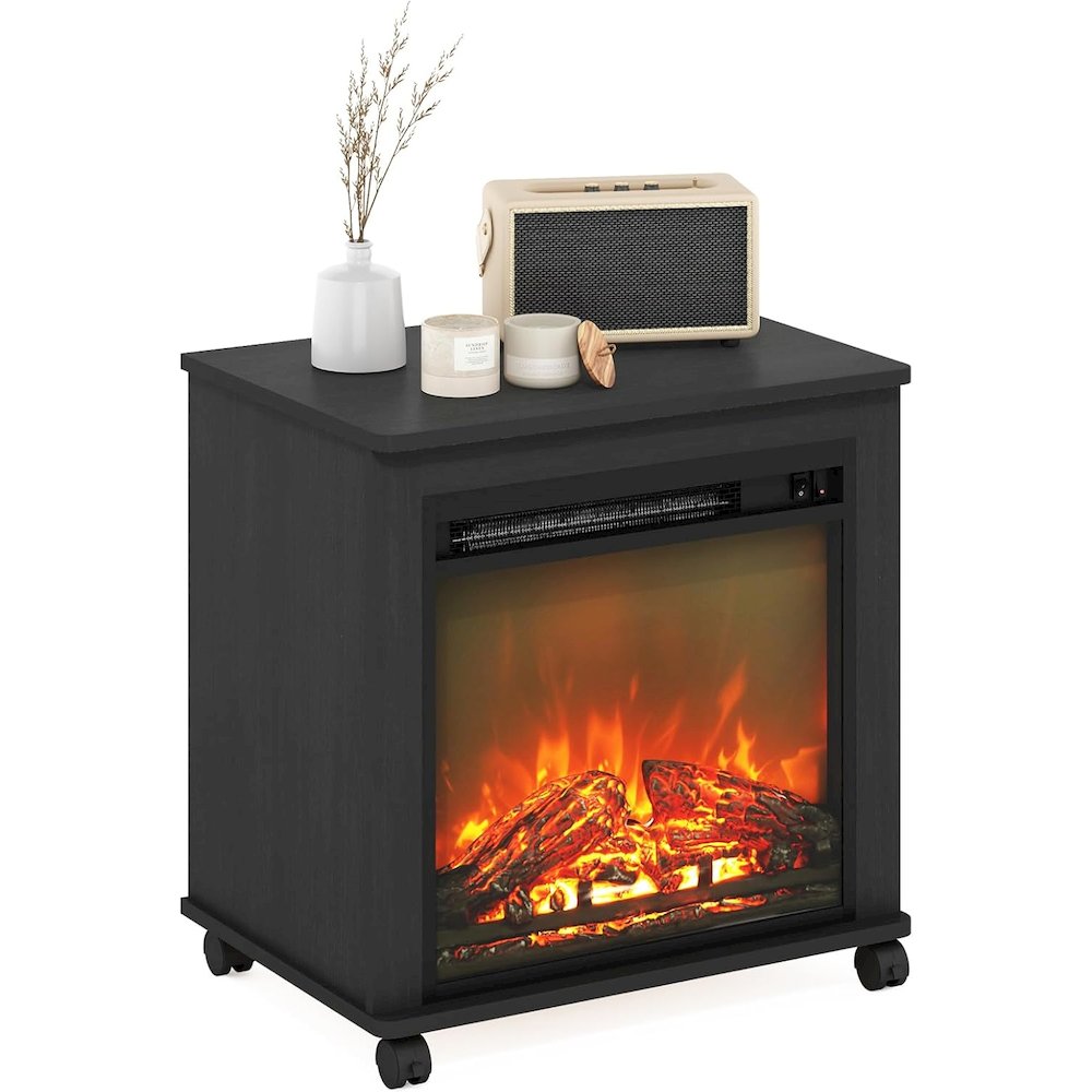 Black Electric Fireplace End Table with Heater for Indoor Use on Wheels