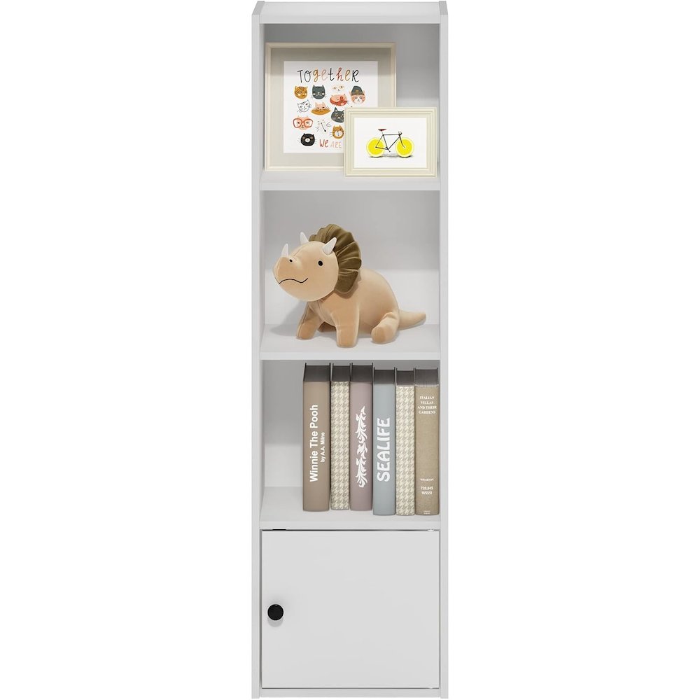 White Wooden Book Shelf with Wooden Shelves and Lower Cabinet for Storage