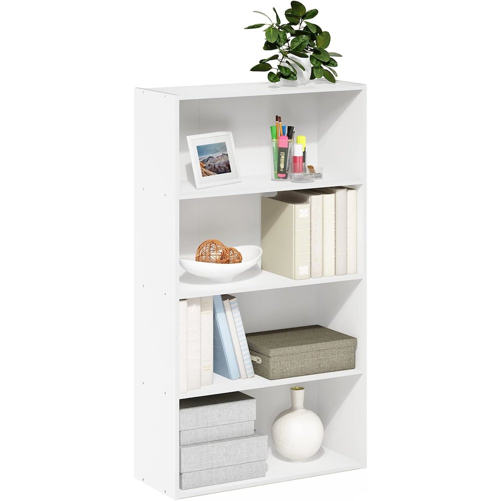 White Wooden Book Shelf with Four Open Wooden Shelves for Modern Interiors