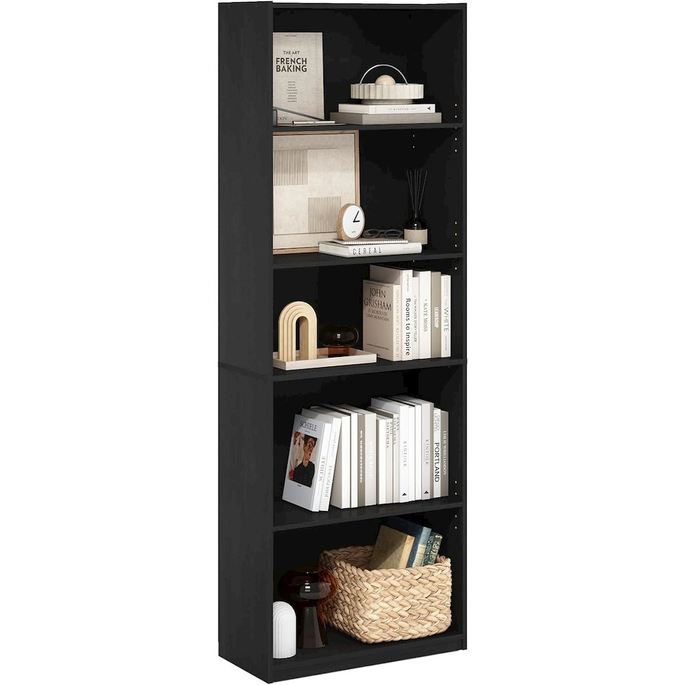 Black Wooden Book Shelf Featuring Five Tiered Wooden Shelves for Display