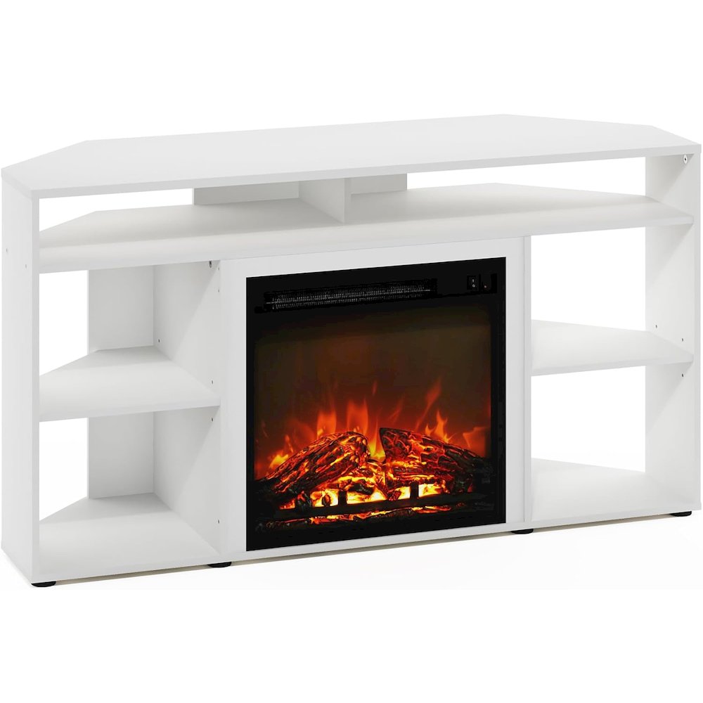 White TV Stand with Fireplace Insert and Six Open Shelves for 55 Inch Displays