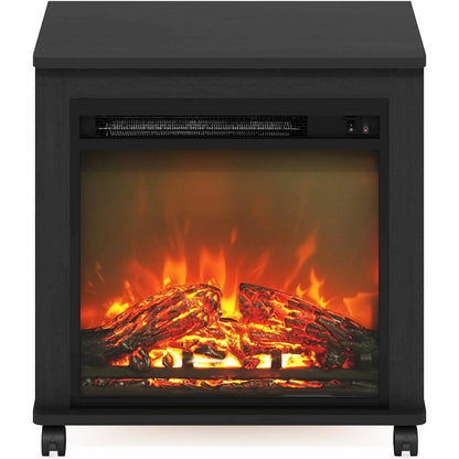 Black Electric Fireplace End Table with Heater for Indoor Use on Wheels