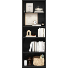 Black Wooden Book Shelf Featuring Five Tiered Wooden Shelves for Display