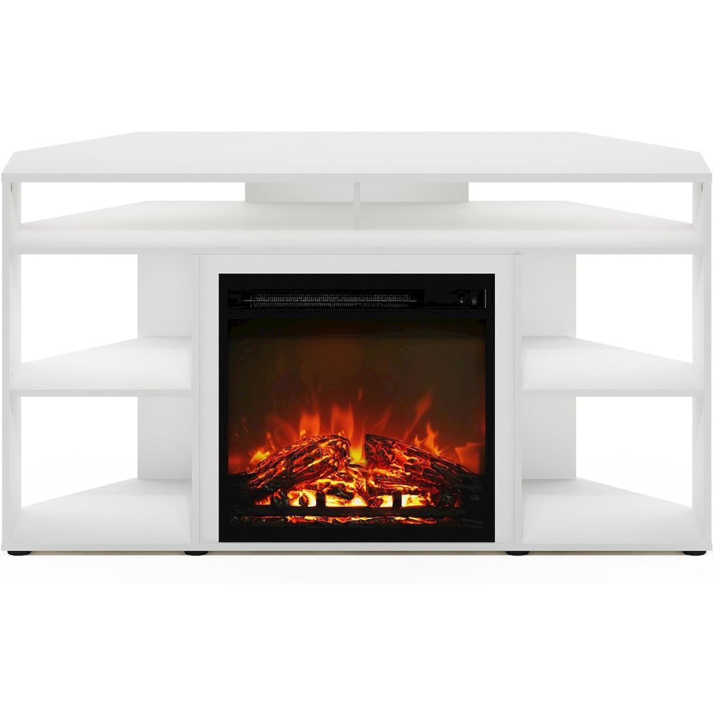 White TV Stand with Fireplace Insert and Six Open Shelves for 55 Inch Displays