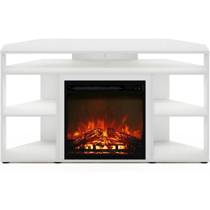 White TV Stand with Fireplace Insert and Six Open Shelves for 55 Inch Displays