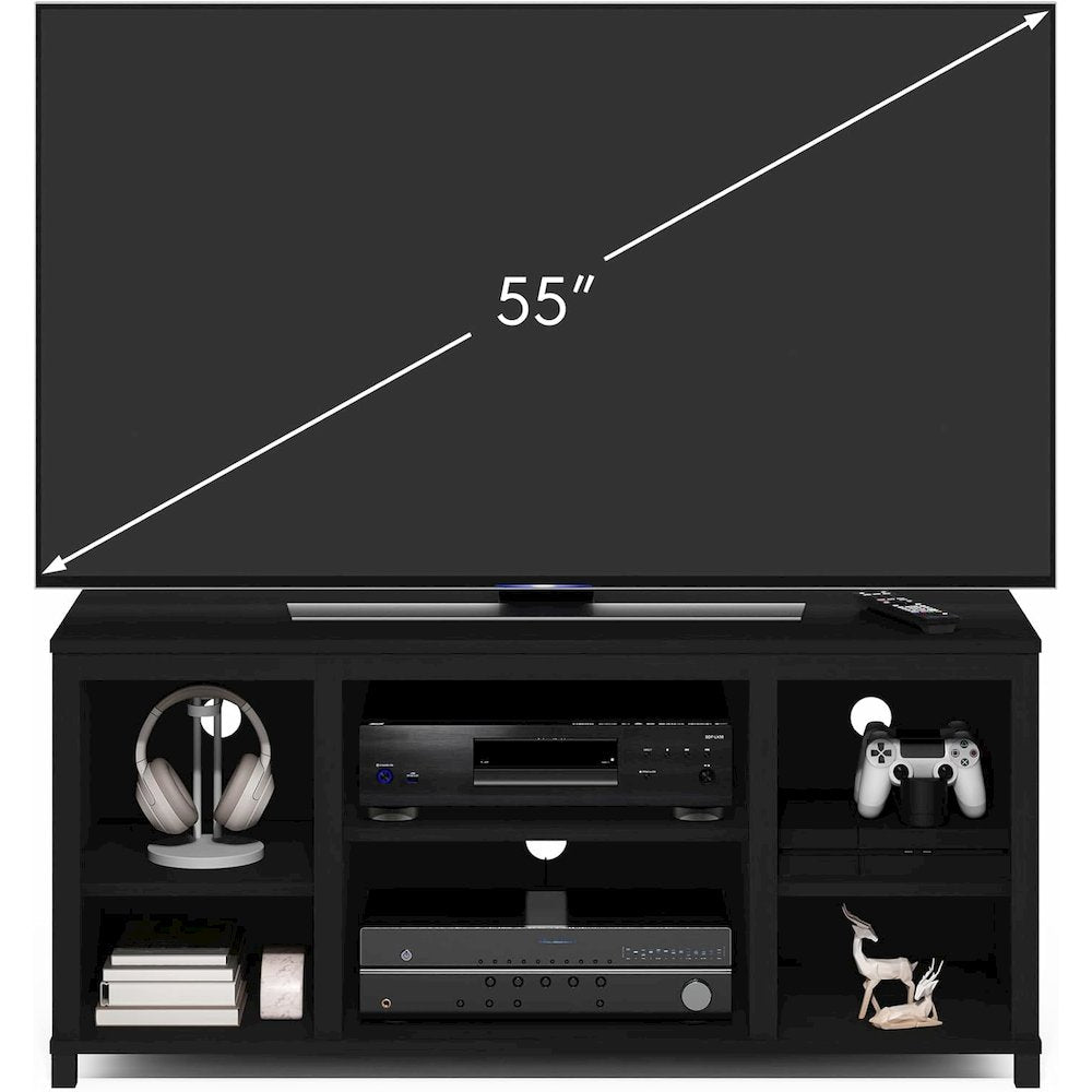 Black 55 Inch TV Stand with Open Shelves and Dual Storage Cabinet Doors