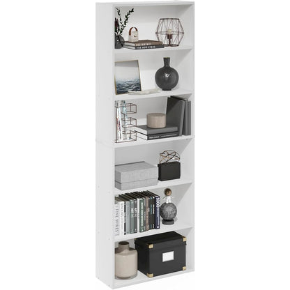 White Wooden Book Shelf with Six Tiers of Wooden Shelves for Home Storage
