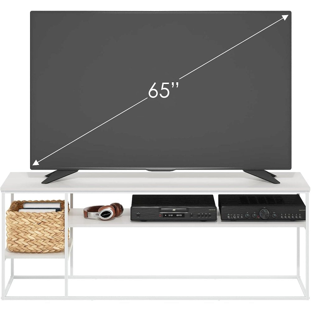 White 65 Inch Entertainment Center with Metal Frame and Open Shelf TV Console