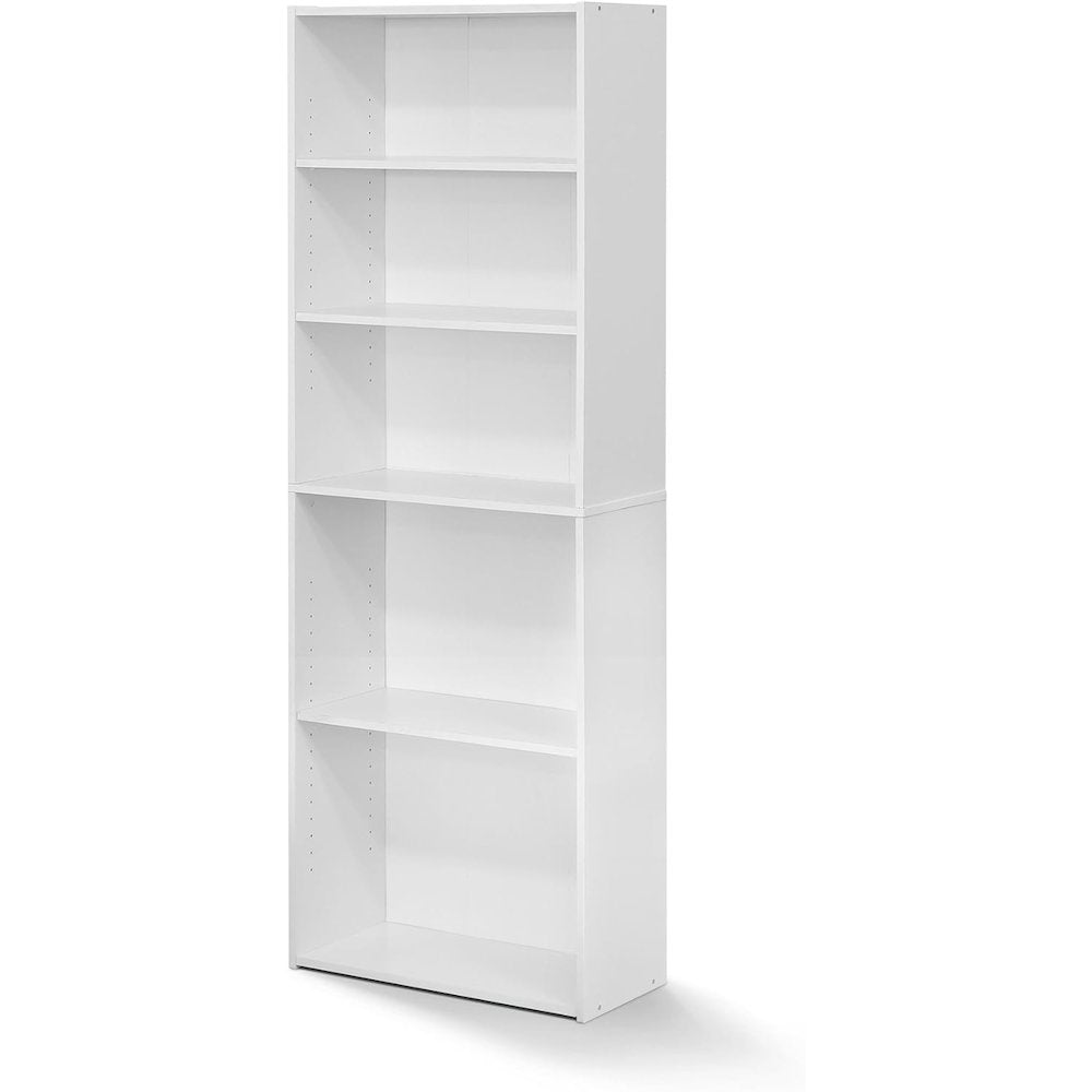 White Wooden Book Shelf with Five Tiers of Wooden Shelves for Home Storage
