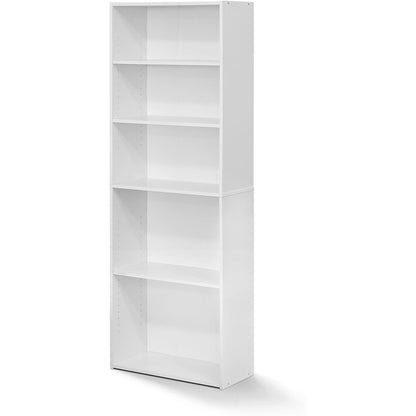 White Wooden Book Shelf with Five Tiers of Wooden Shelves for Home Storage