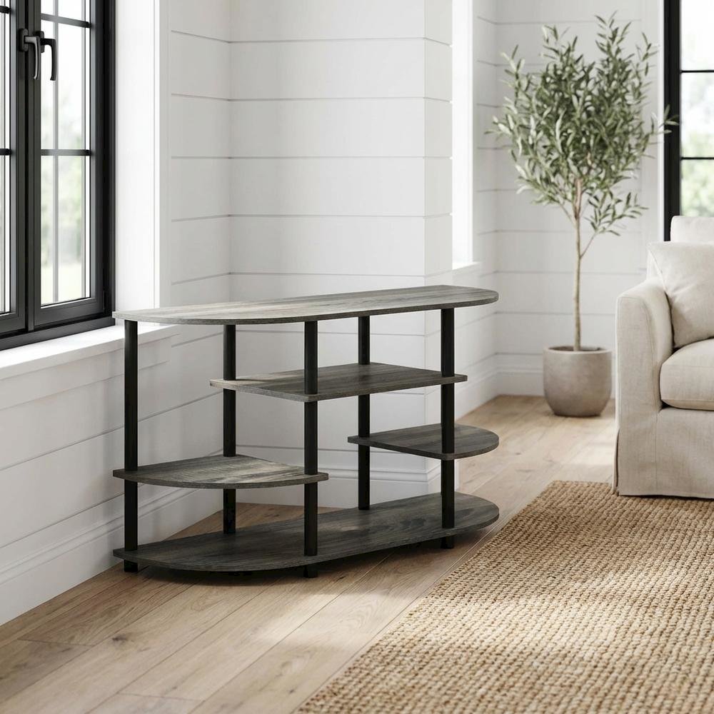 Corner TV stand in French Oak Grey/Black, durable composite wood, plastic