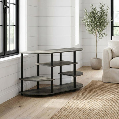 Corner TV stand in French Oak Grey/Black, durable composite wood, plastic