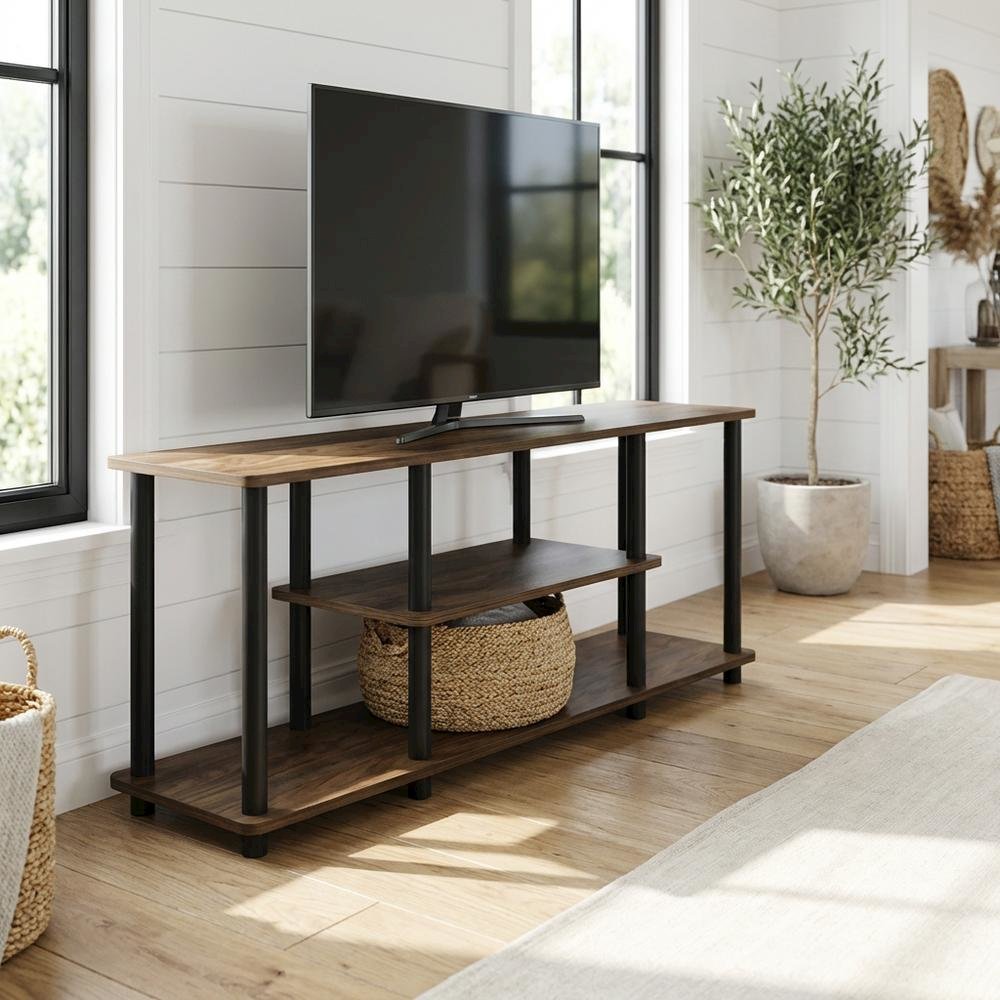 Walnut/Black TV Stand with 3-Tier Open Shelves and Modern Design