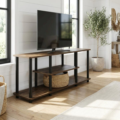 Walnut/Black TV Stand with 3-Tier Open Shelves and Modern Design
