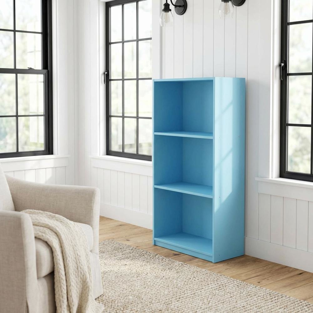 Light Blue 3-Tier Bookcase with Wooden Shelves for Organized Storage