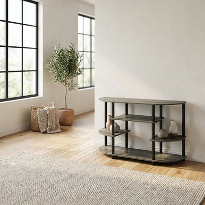 Corner TV stand in French Oak Grey/Black, durable composite wood, plastic