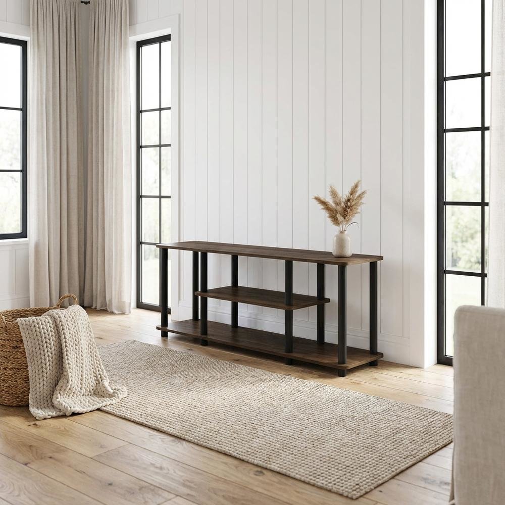 Walnut/Black TV Stand with 3-Tier Open Shelves and Modern Design