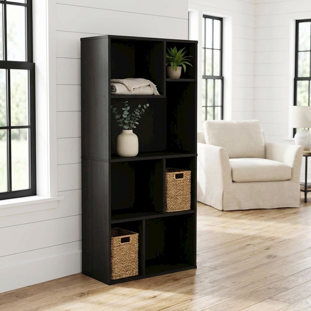 Espresso 7-Cube Irregular Bookcase with Storage Organizer and Modern Design