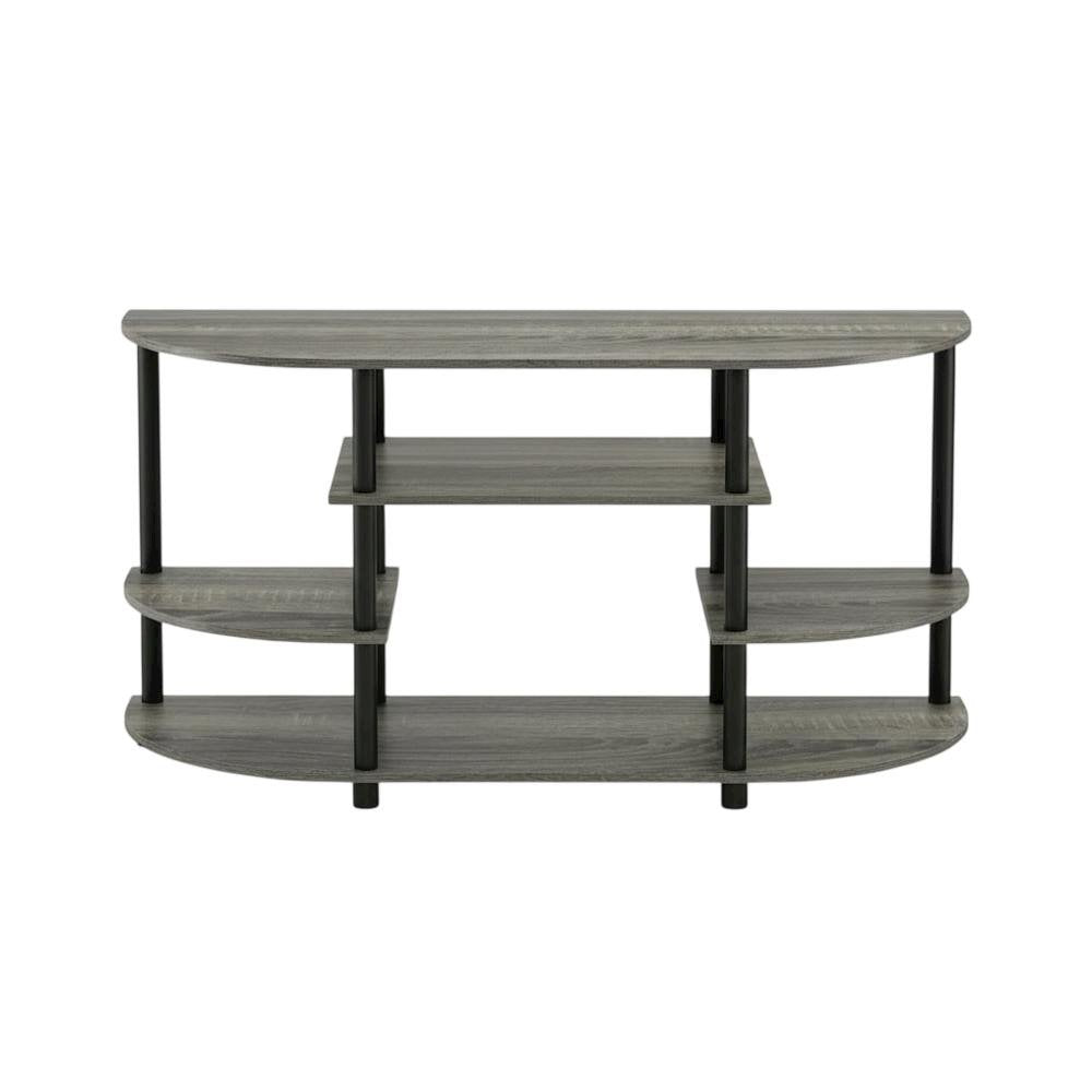 Corner TV stand in French Oak Grey/Black, durable composite wood, plastic