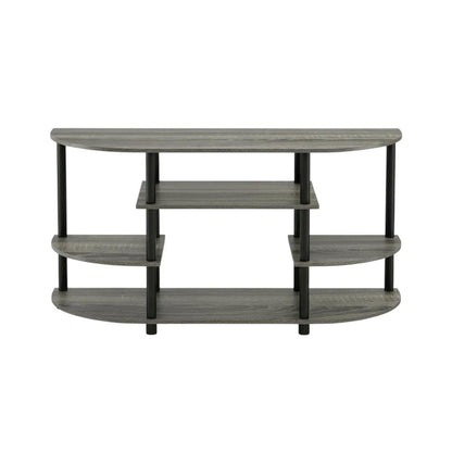 Corner TV stand in French Oak Grey/Black, durable composite wood, plastic